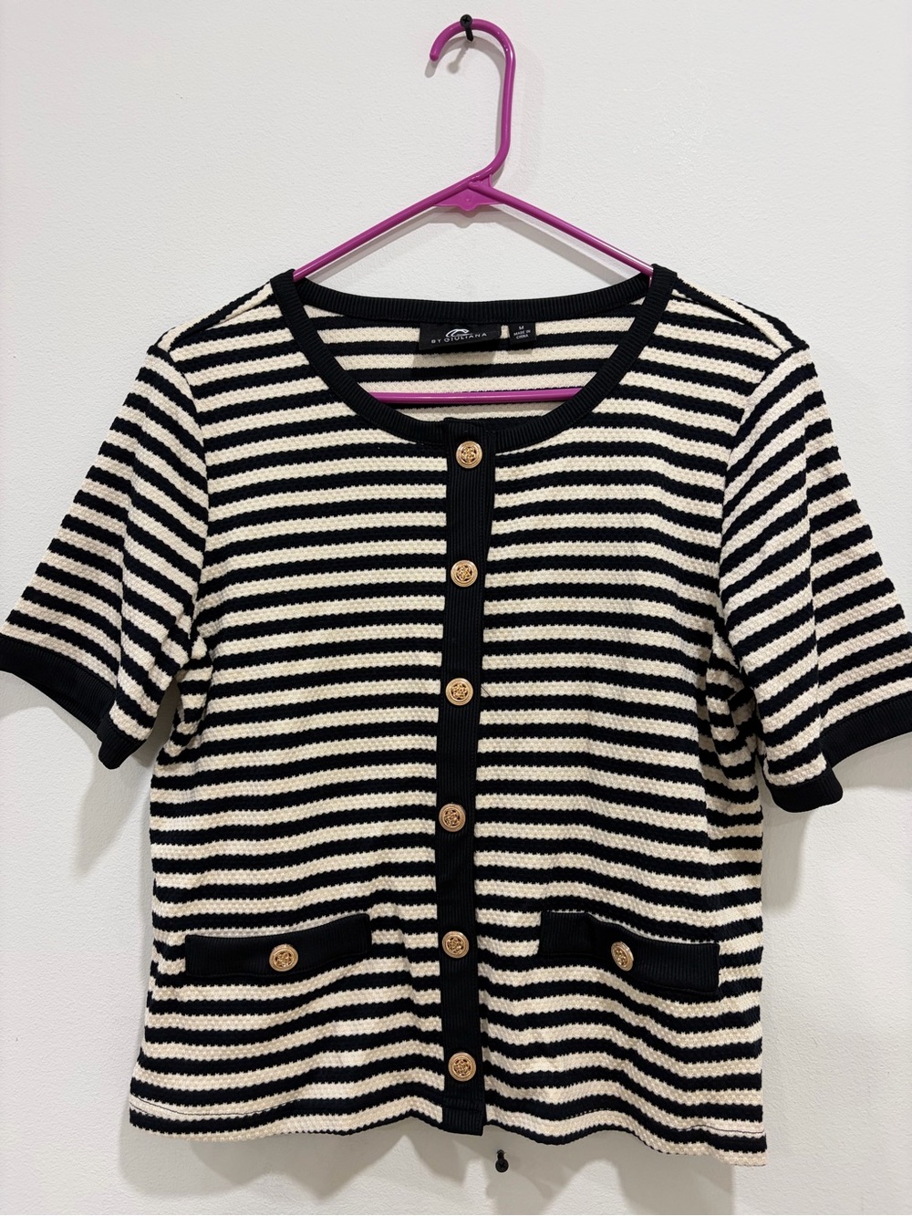 G by Giuliana Black and Cream Striped Short Sleeve Button Cardigan